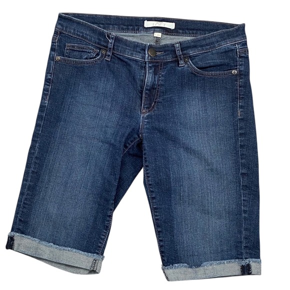 Loft Denim Bermuda Shorts Womens Size 6 Dark Wash Cuffed Jean Shorts - Picture 1 of 6